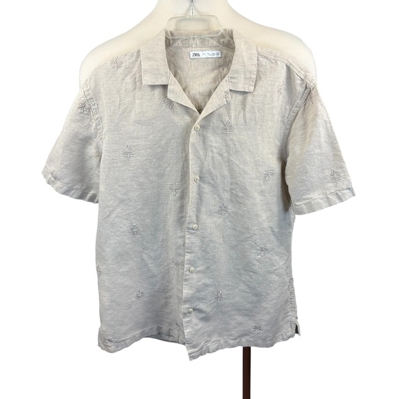 Zara Other - Zara Mens Large Linen Blend‎ Embroidered Leaf Camp Collar Short Sleeve Beige
